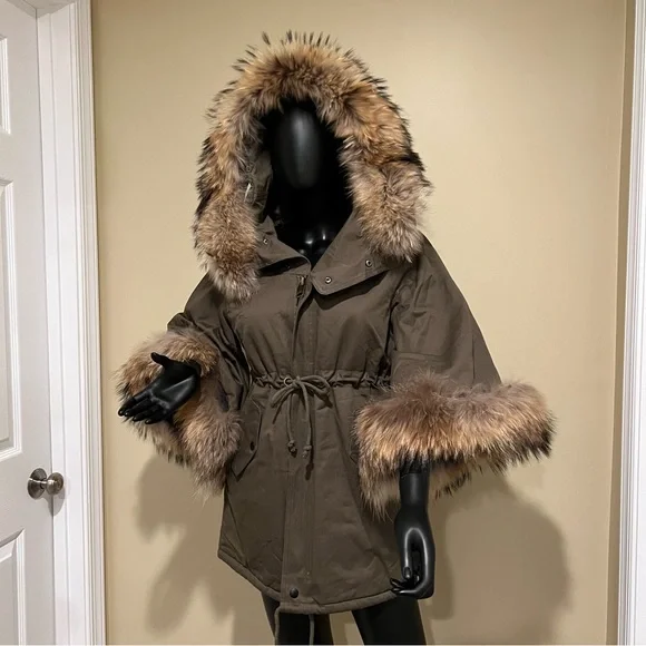 Raccoon Fur Flare Sleeve Parka Coat Jacket Winter Coat Trench